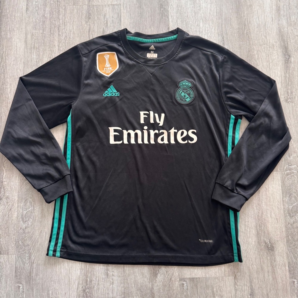 Adidas Real Madrid 2017-18 Away Long Sleeve Jersey Black Teal Mens Medium FIFA